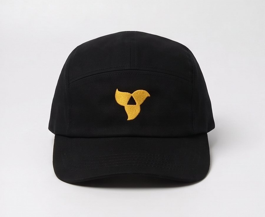 Black 5-panel cap, front: the RARE flower embroidered in gold