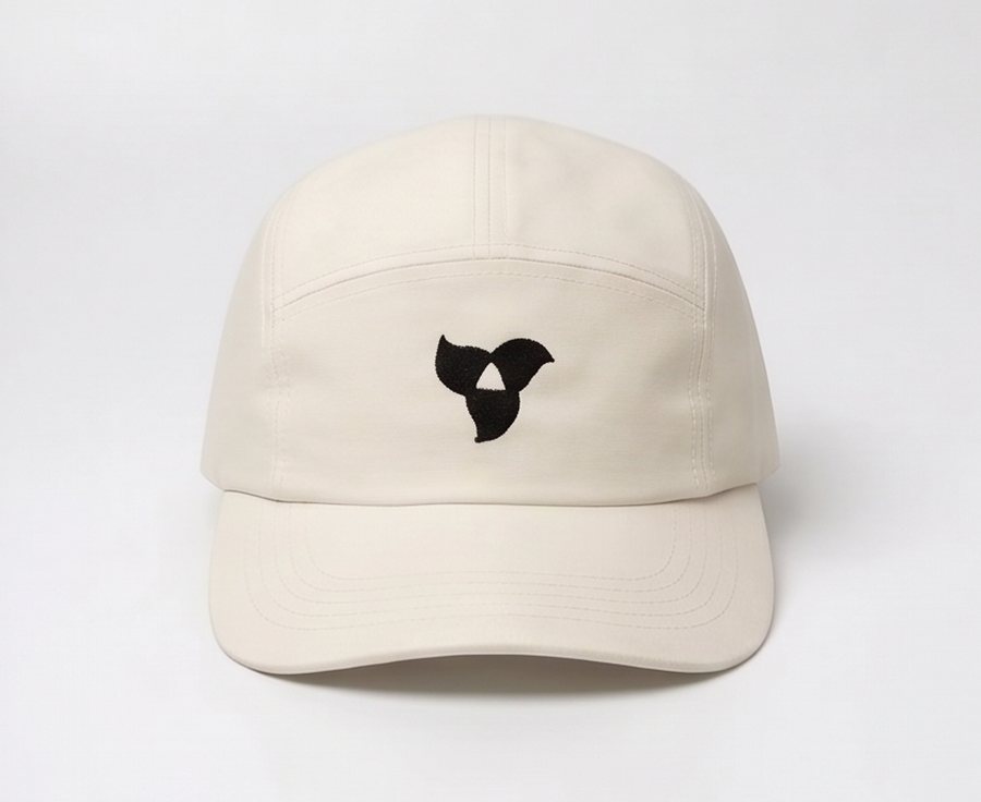 Ivory 5-panel cap, front: the RARE flower embroidered in black